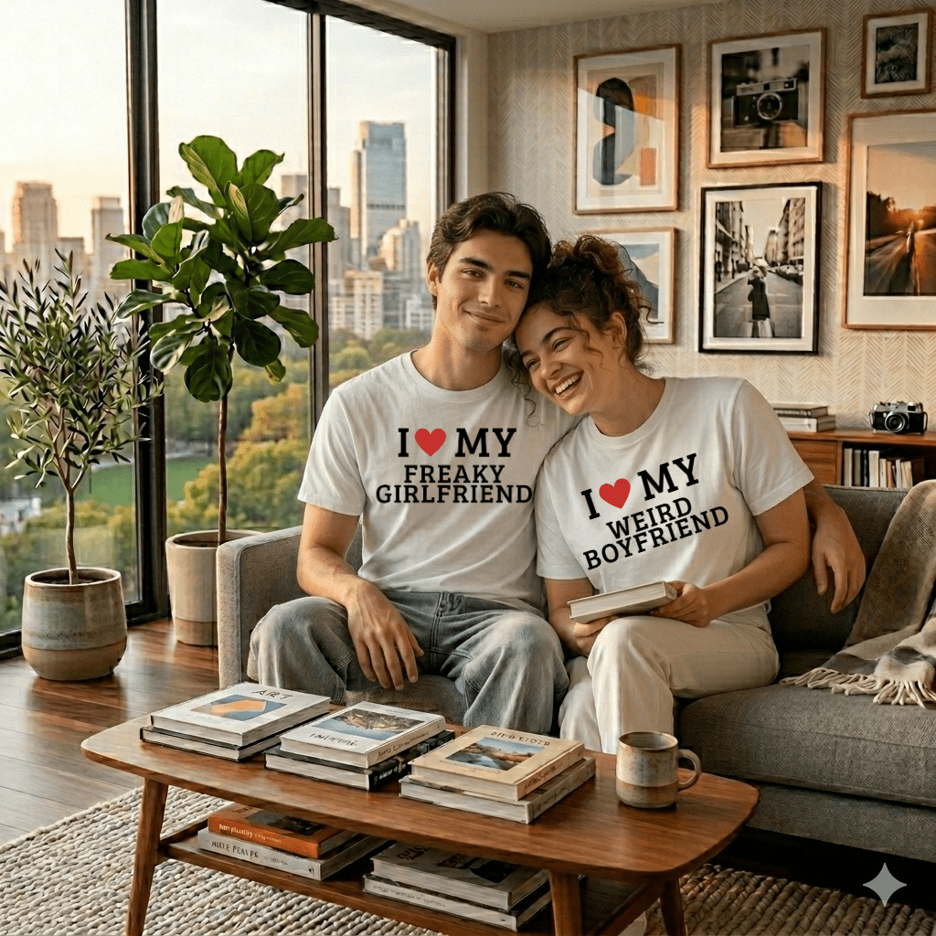 Liebes-T-Shirt von Fast Bundle mit "I Love My Freaky Girlfriend x I Love My Weird Boyfriend" Design, bequemes Baumwollshirt für Paare